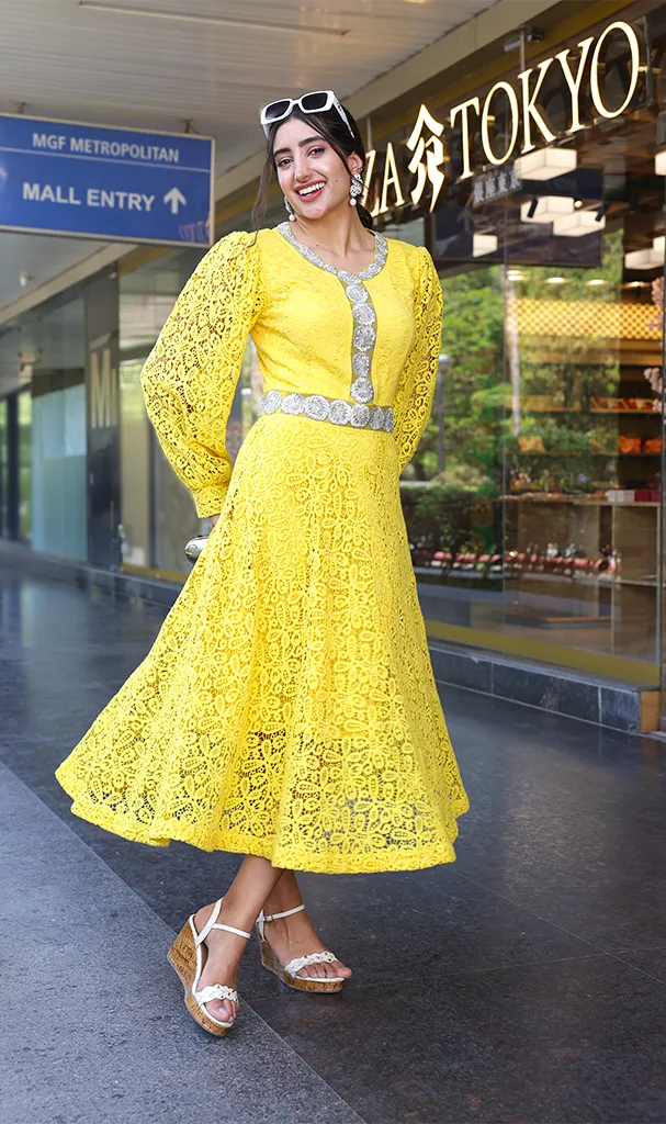 Lemon Yellow schiffli Lace Dress (LN00105)