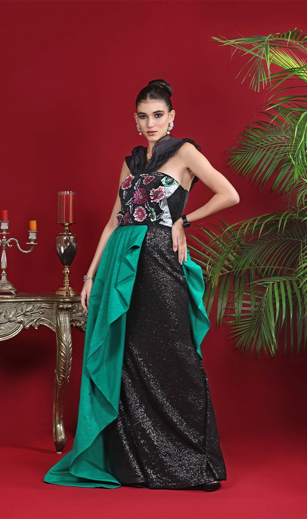 Multi Floral Bodice with green and black gown (LN00117)