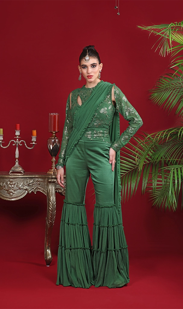 Olive Green Embroidery Jumpsuit Dupatta (LN0081)