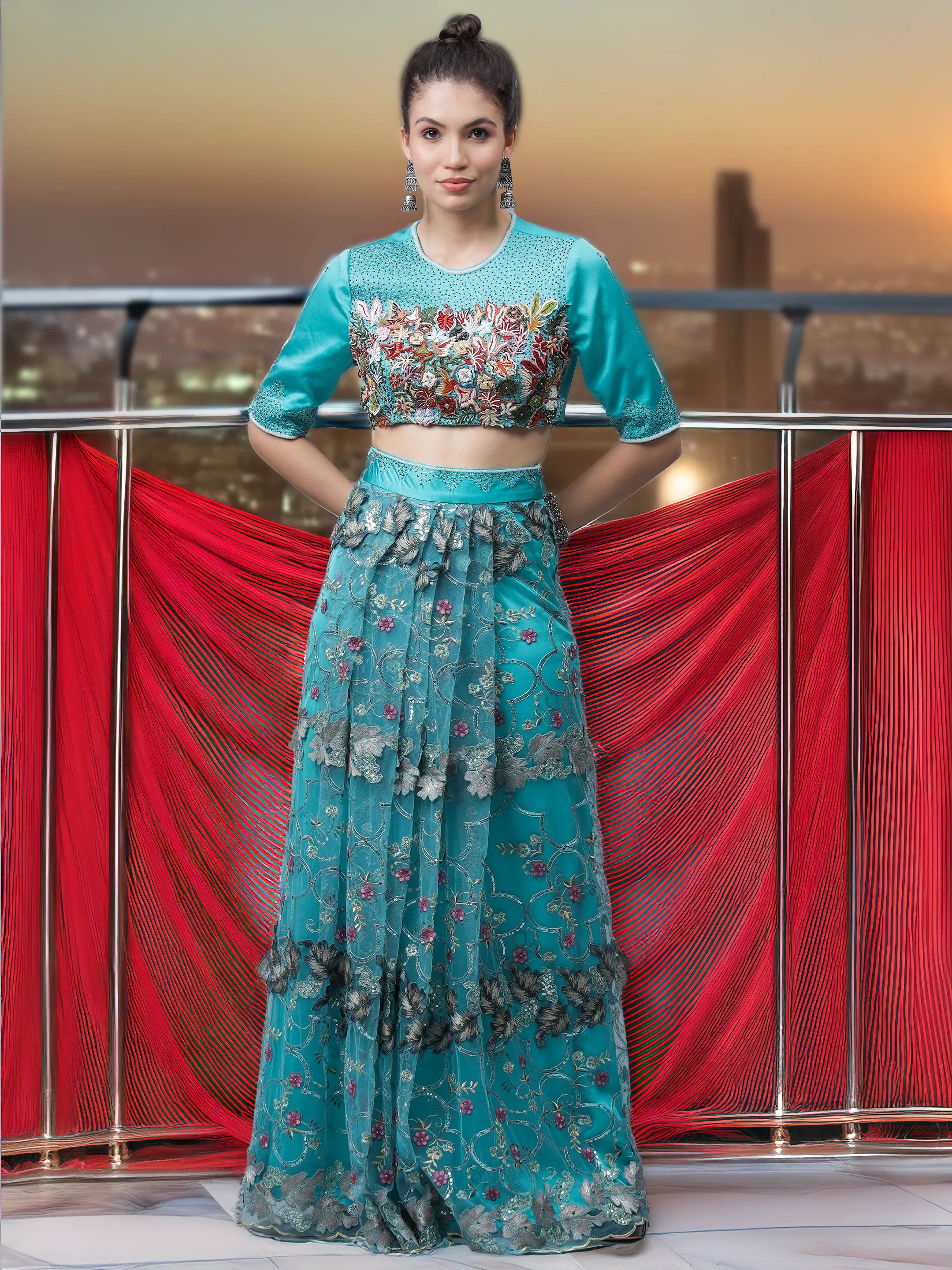 Teal Blue Floral Pattern Self Blouse with Embroidered Skirt (LN00134)