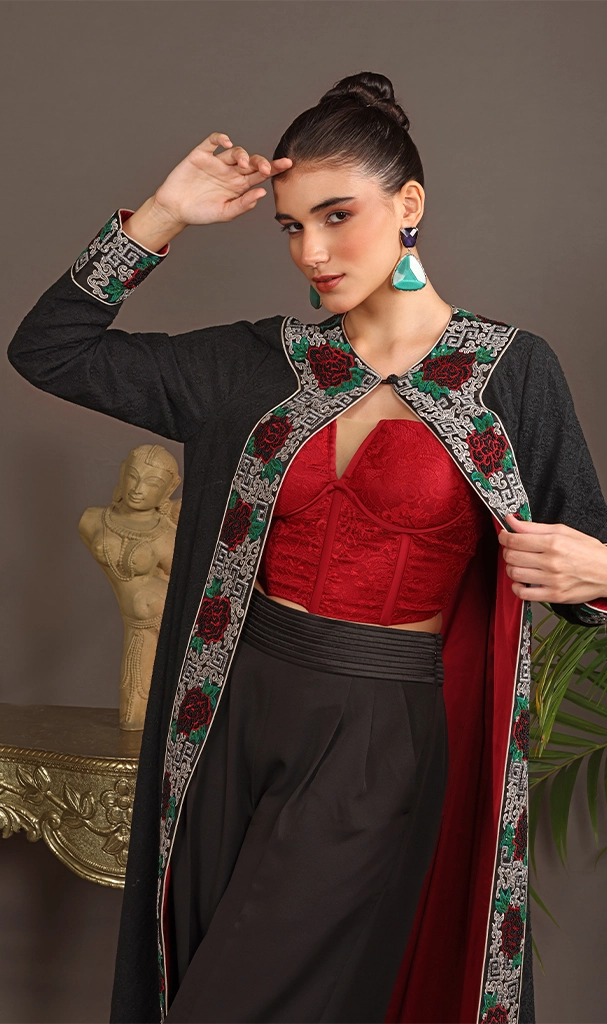 Black Long Cape in embroidery Georgette with Roses Red Bustier (LN0078)