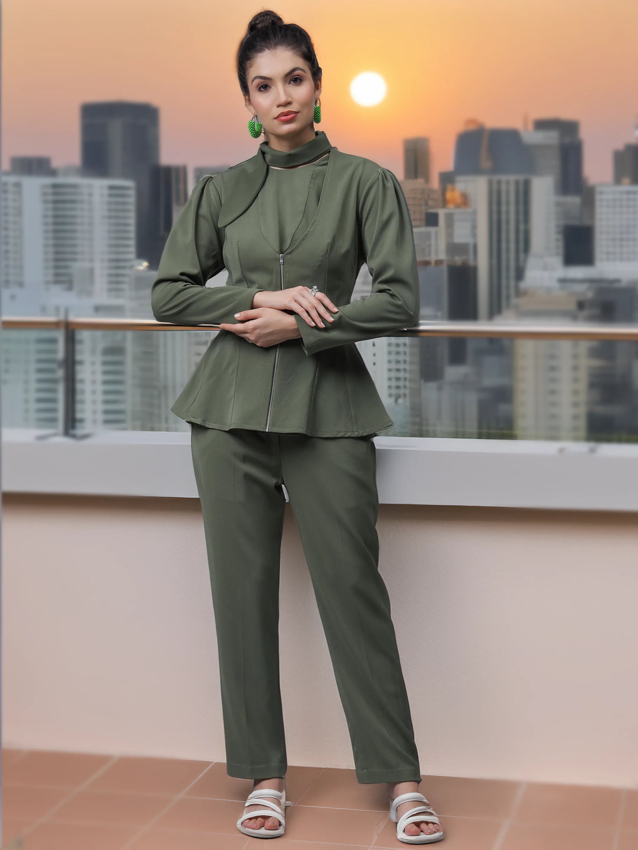 Khaki Green Asymmetric Jacket & Trousers (LN00135)