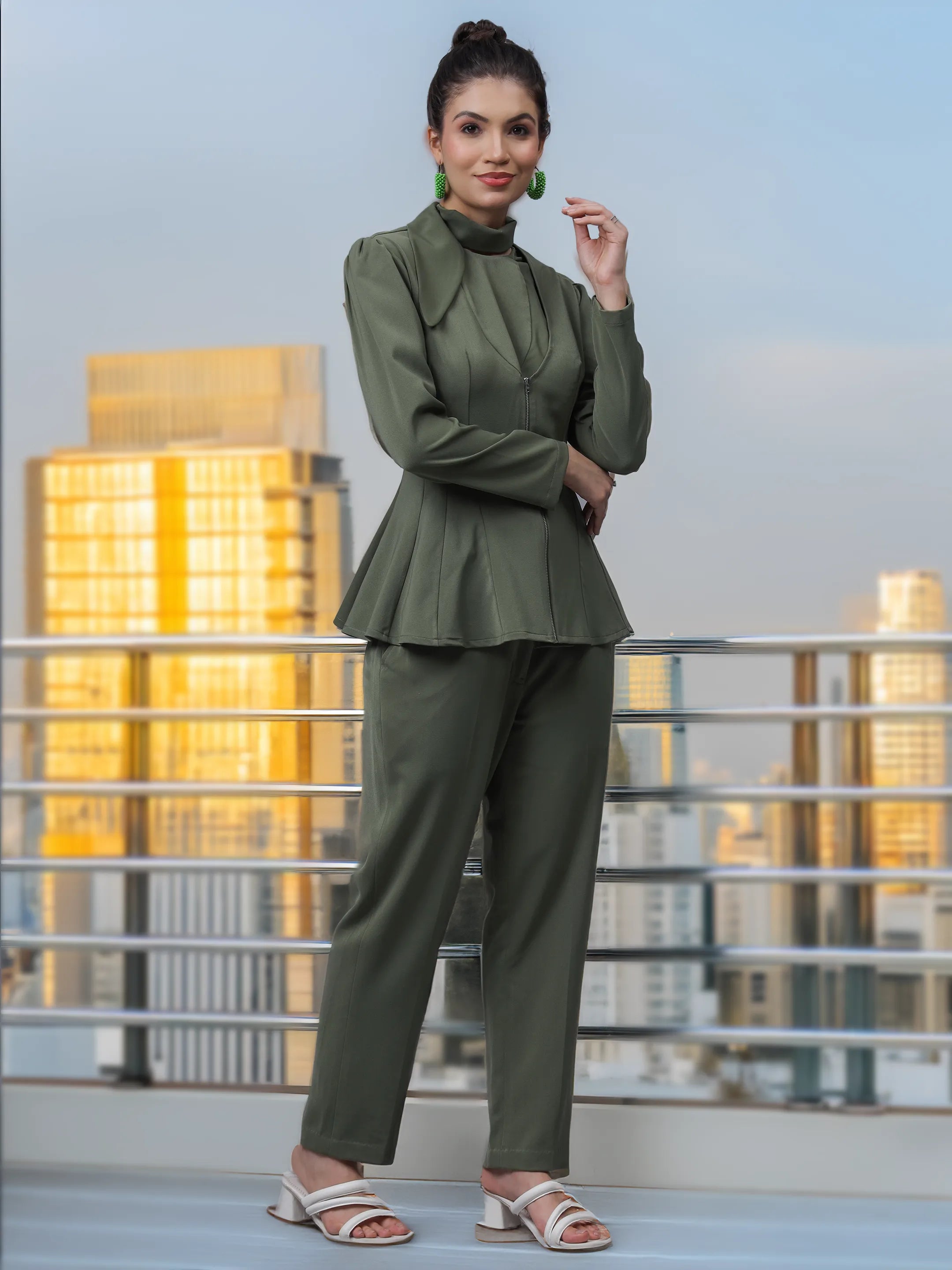 Khaki Green Asymmetric Jacket & Trousers (LN00135)