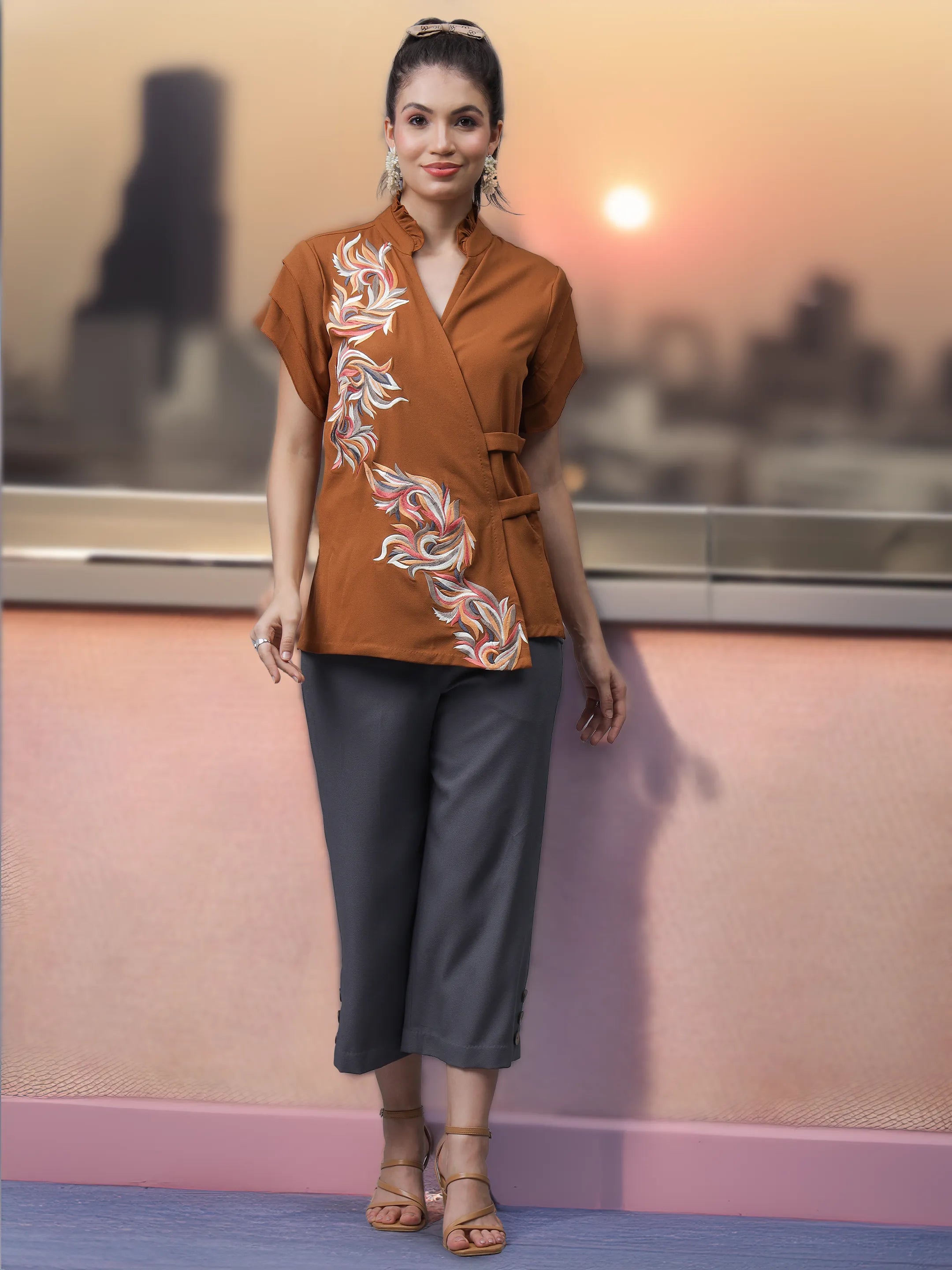 Mustard Floral Wrap Top with Steel Grey Capris (LN00148)