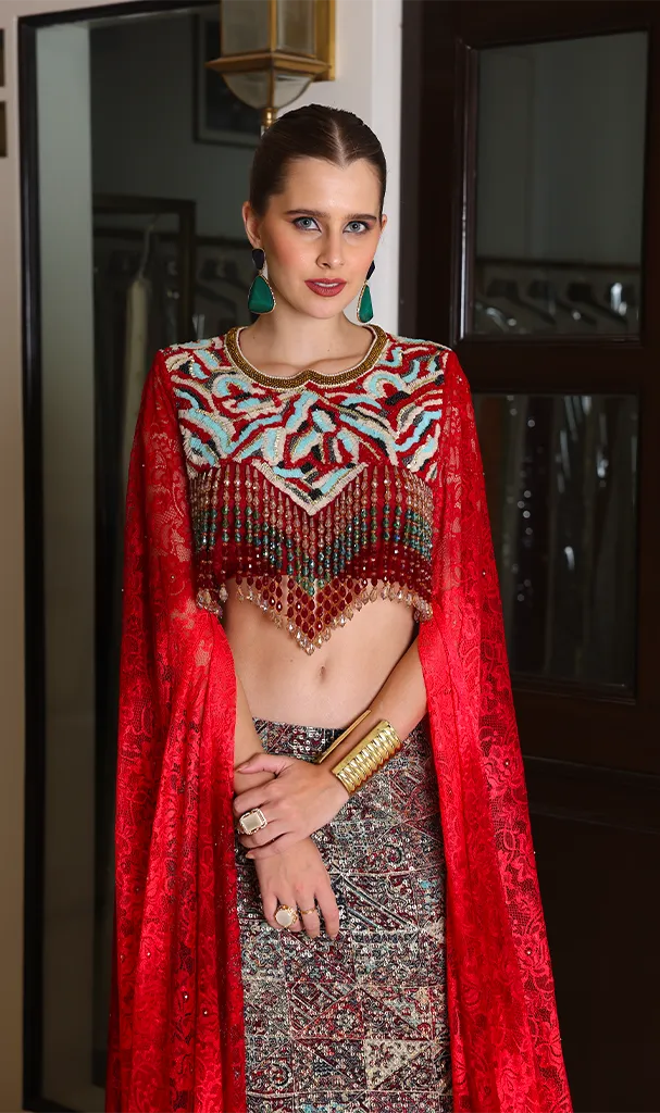 Printed Georgette panelled skirt with Heavy Embroidered strings Top with Long Lace sleeves (LN0099)