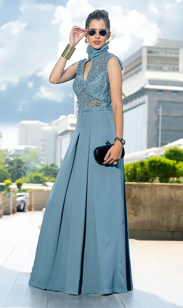 Peguin Blue Lace Pleated collared Gown (LN00122)