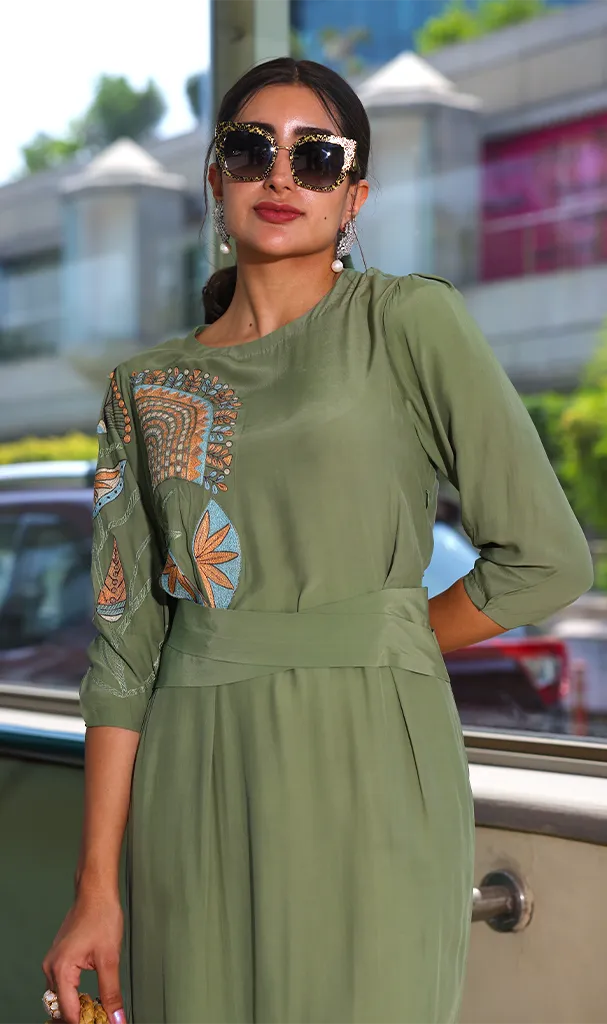 Khaki Green Embroidered Midi Dress (LN00130)