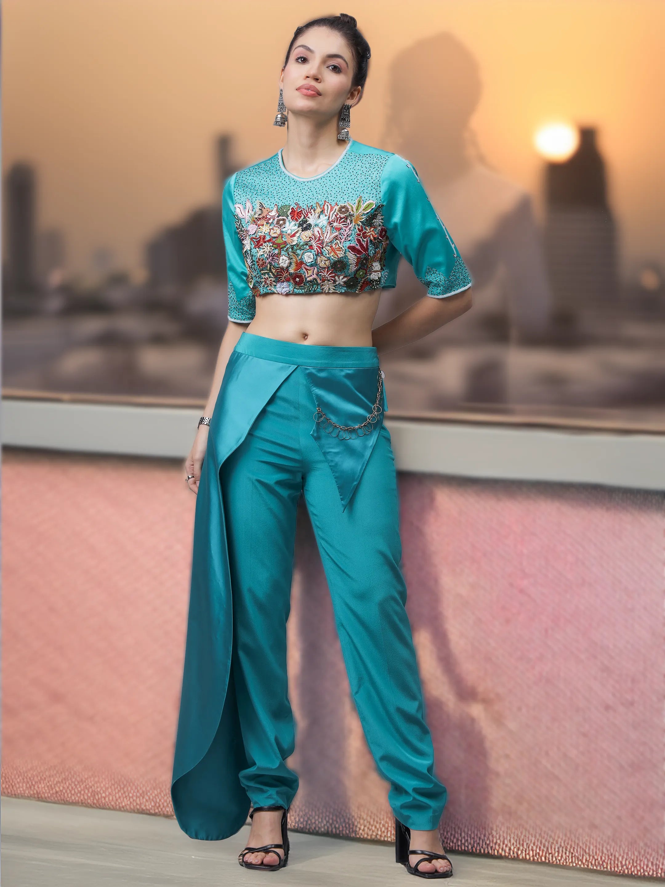 Teal Blue Cordset With Floral Embroidered Blouse & Asymmetric Bottom (LN00115 & LN00134)