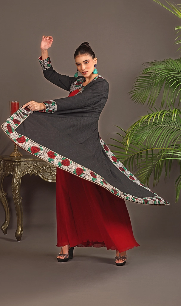 Black Long Cape in embroidery Georgette with Roses Red Jalabia (LN0078)