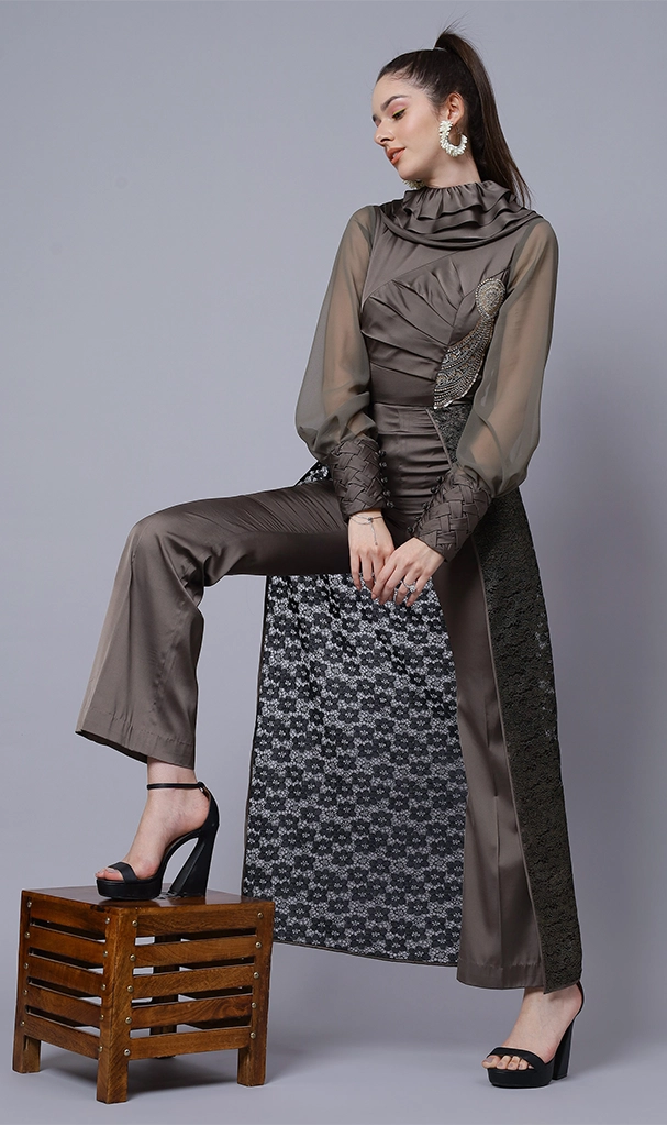 Dark Grey Long embroidery motif Jumpsuit ( LN0059 )