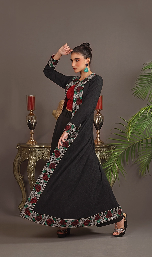 Black Long Cape in embroidery Georgette with Roses Red Bustier (LN0078)