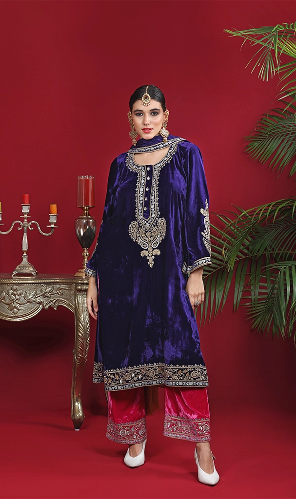 Velvet Purple & Pink Suit Kashmiri Phiran (LN0070)