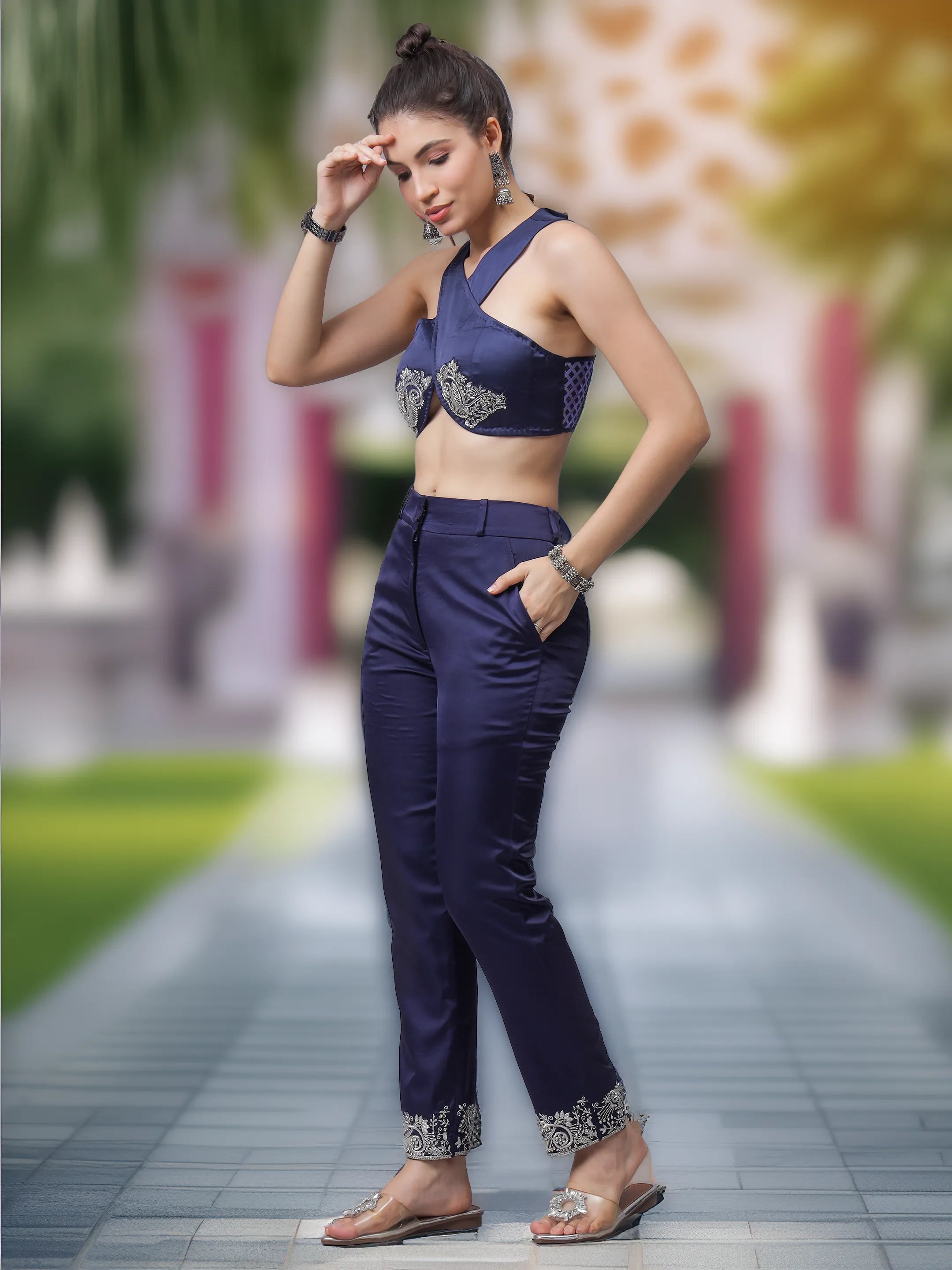 Neelgagan Silver Hand embroidered Bustier & Pants (Cordset) (LN00146)