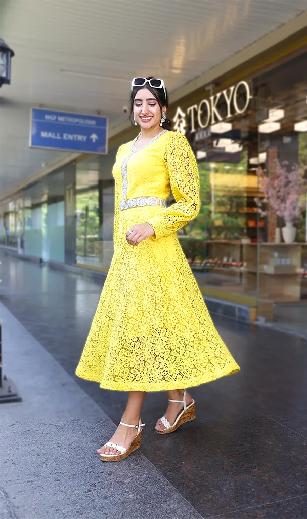 Lemon Yellow schiffli Lace Dress (LN00105)