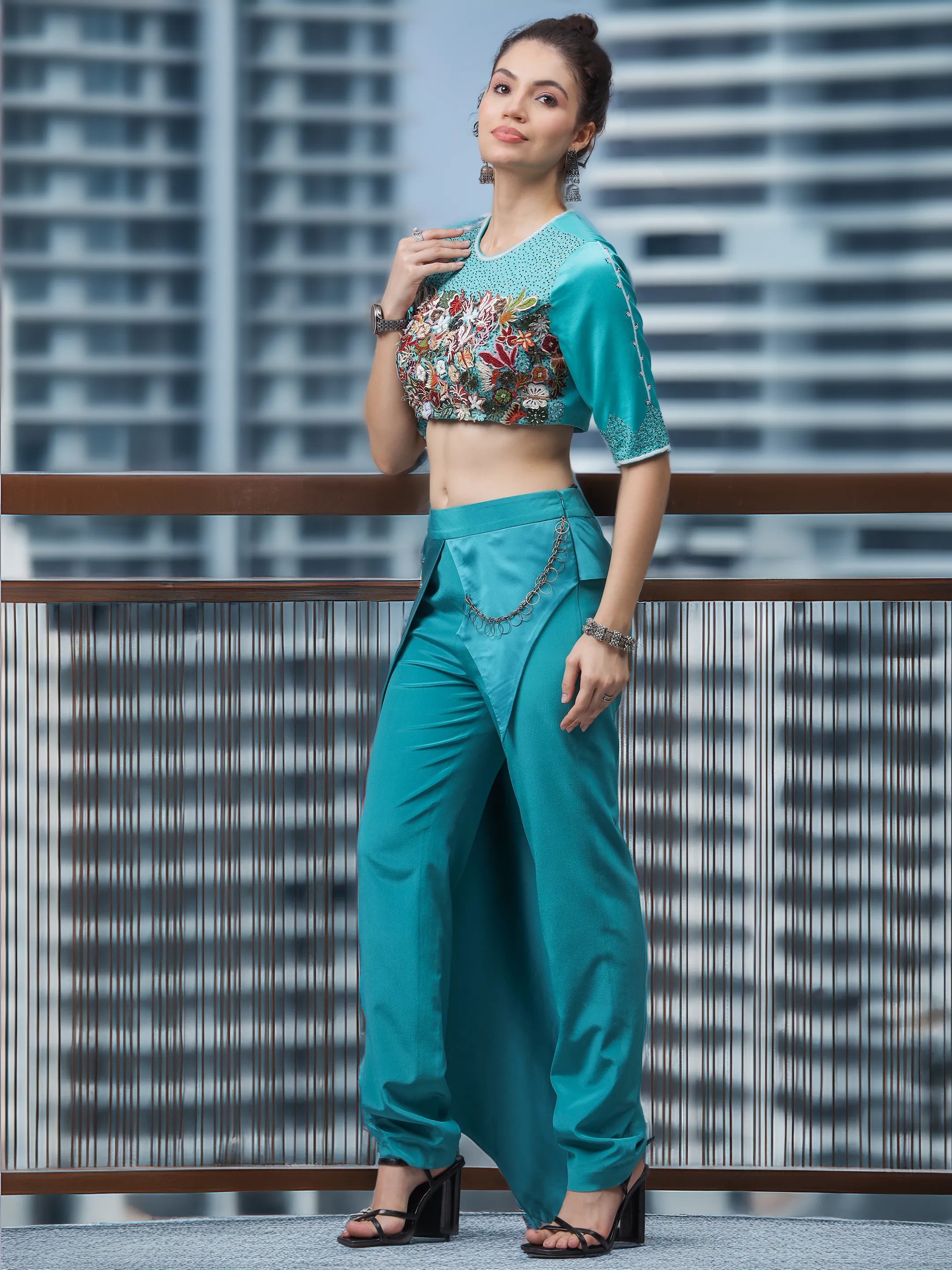 Teal Blue Cordset With Floral Embroidered Blouse & Asymmetric Bottom (LN00115 & LN00134)