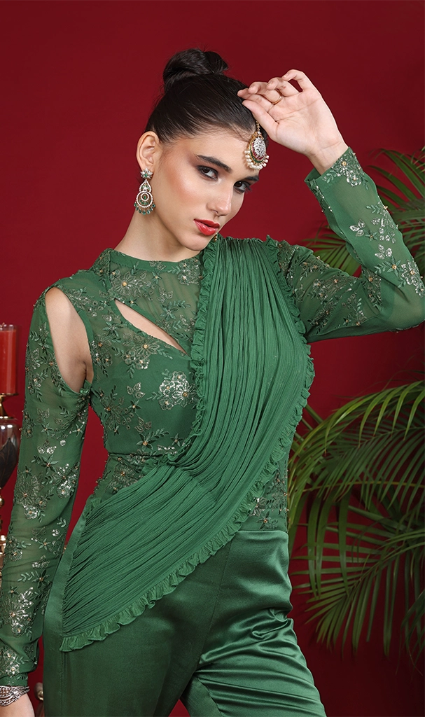 Olive Green Embroidery Jumpsuit Dupatta (LN0081)