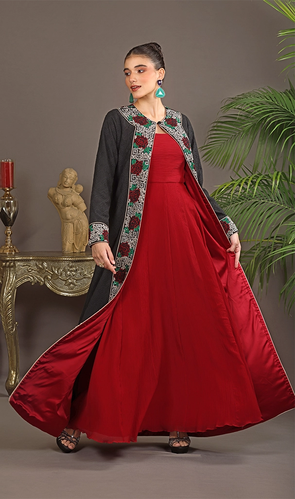 Black Long Cape in embroidery Georgette with Roses Red Jalabia (LN0078)