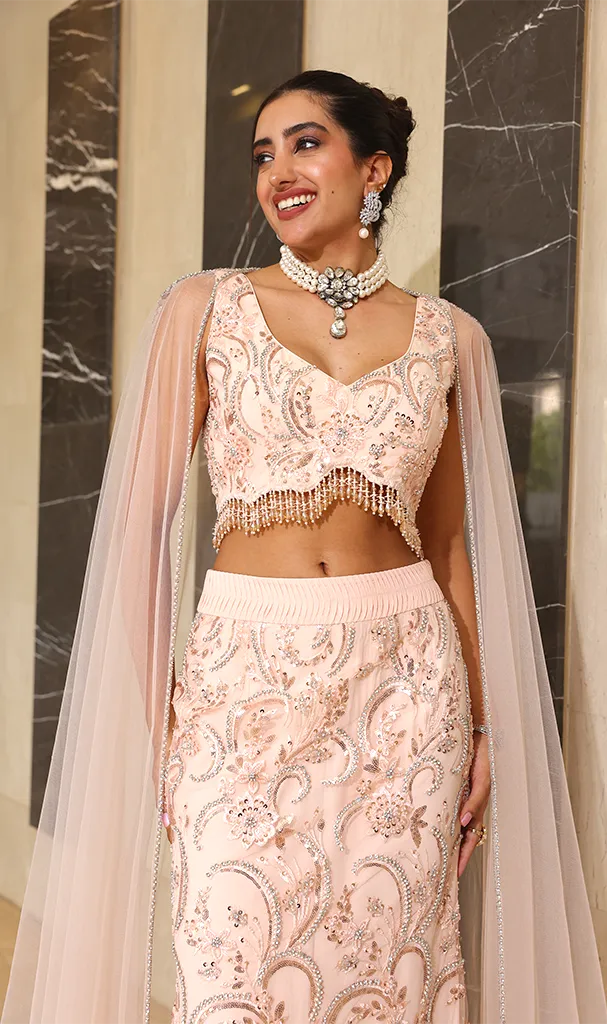 Peach Lehenga with net skirt blouse dupatta (LN00121)