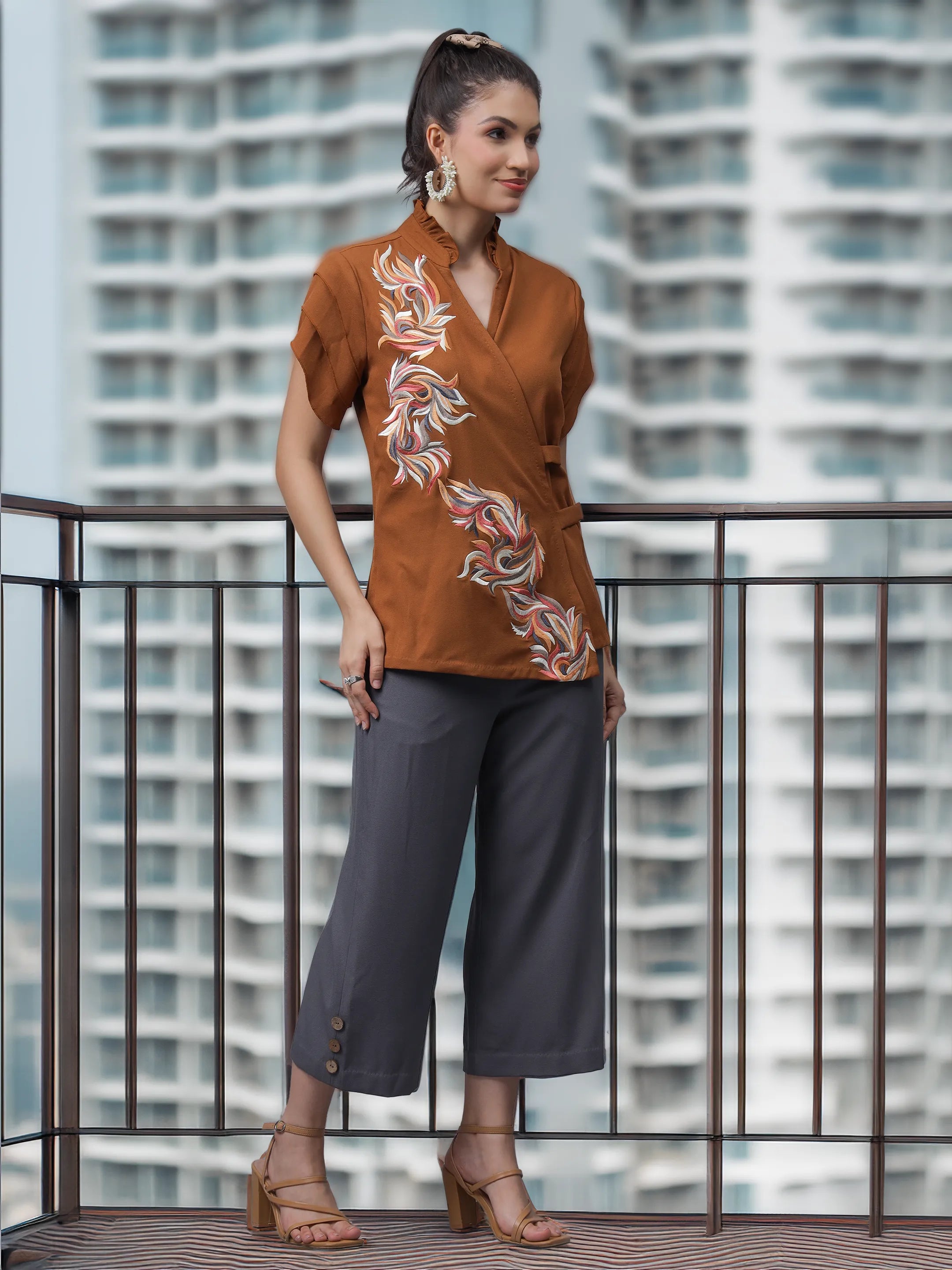 Mustard Floral Wrap Top with Steel Grey Capris (LN00148)