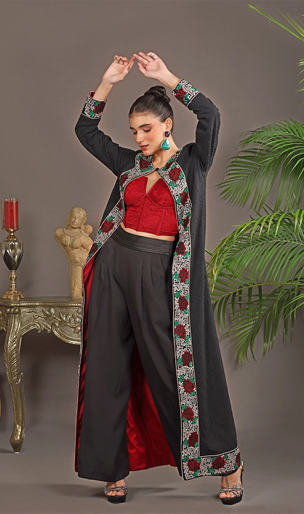 Black Long Cape in embroidery Georgette with Roses Red Bustier (LN0078)