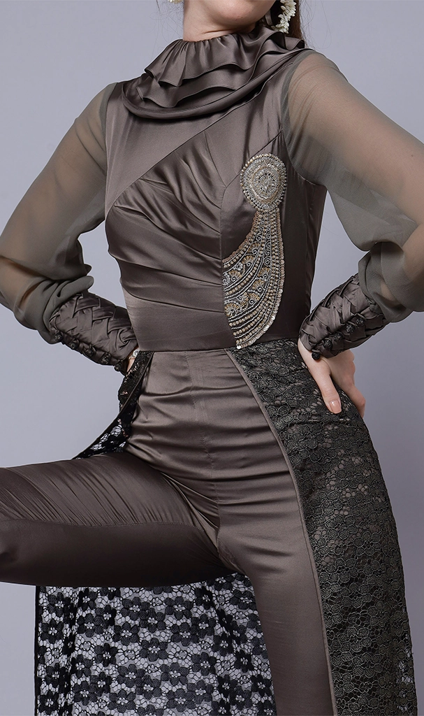 Dark Grey Long embroidery motif Jumpsuit ( LN0059 )