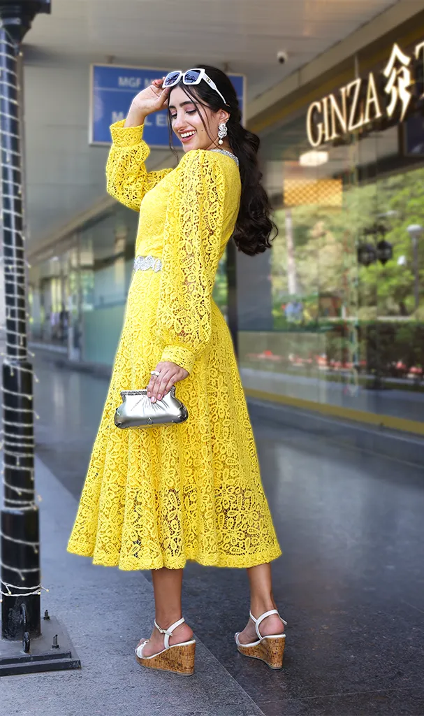 Lemon Yellow schiffli Lace Dress (LN00105)