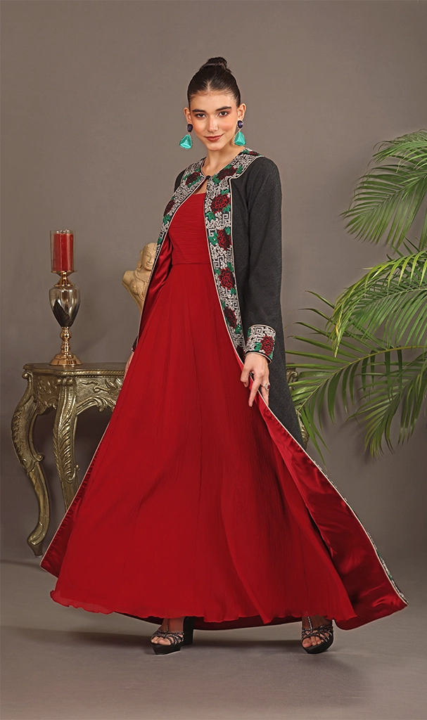 Black Long Cape in embroidery Georgette with Roses Red Jalabia (LN0078)