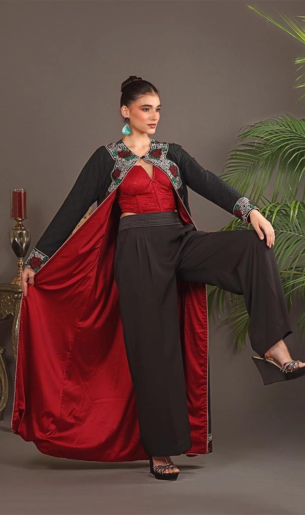 Black Long Cape in embroidery Georgette with Roses Red Bustier (LN0078)