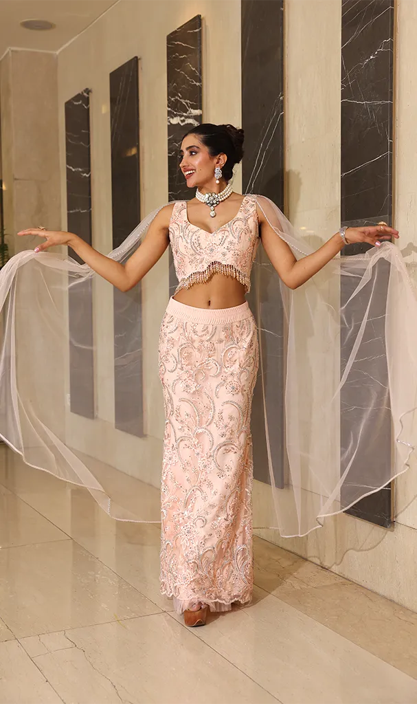 Peach Lehenga with net skirt blouse dupatta (LN00121)