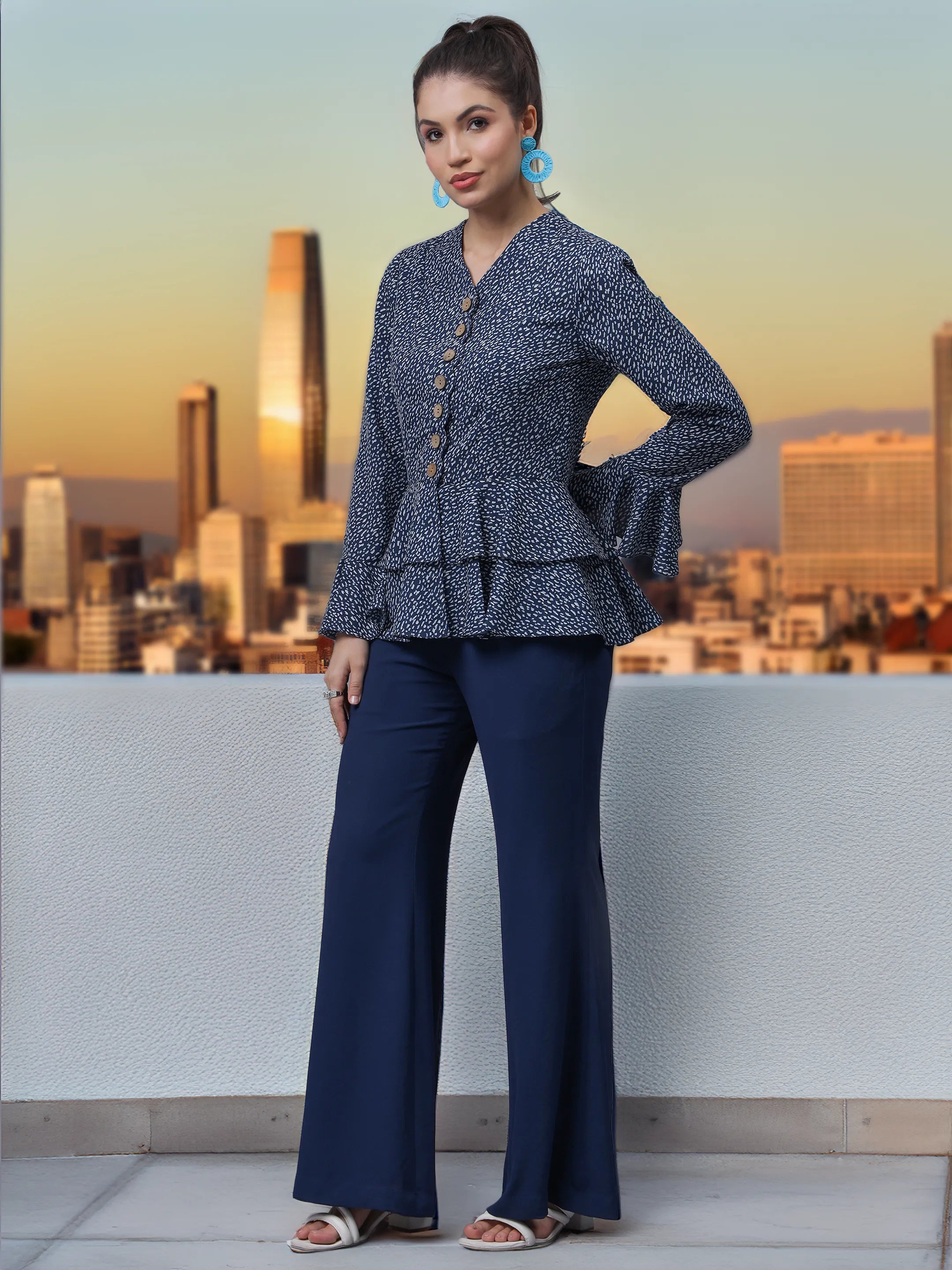 Navy Blue & White Chips Printed Top with Bell Sleeves & Trousers (LN00137)