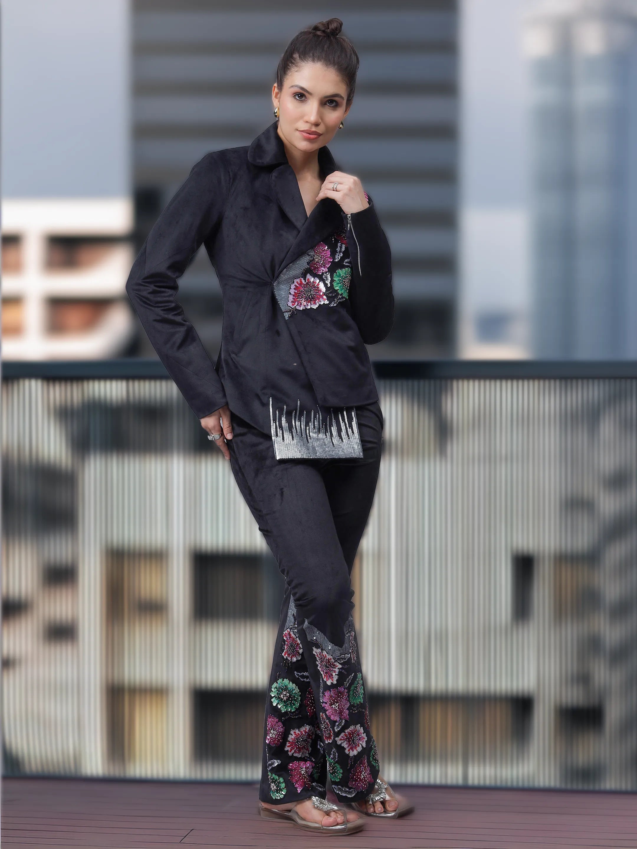 Black Floral Multi Coloured Sequenced Cordset (LN0015 & LN0041)