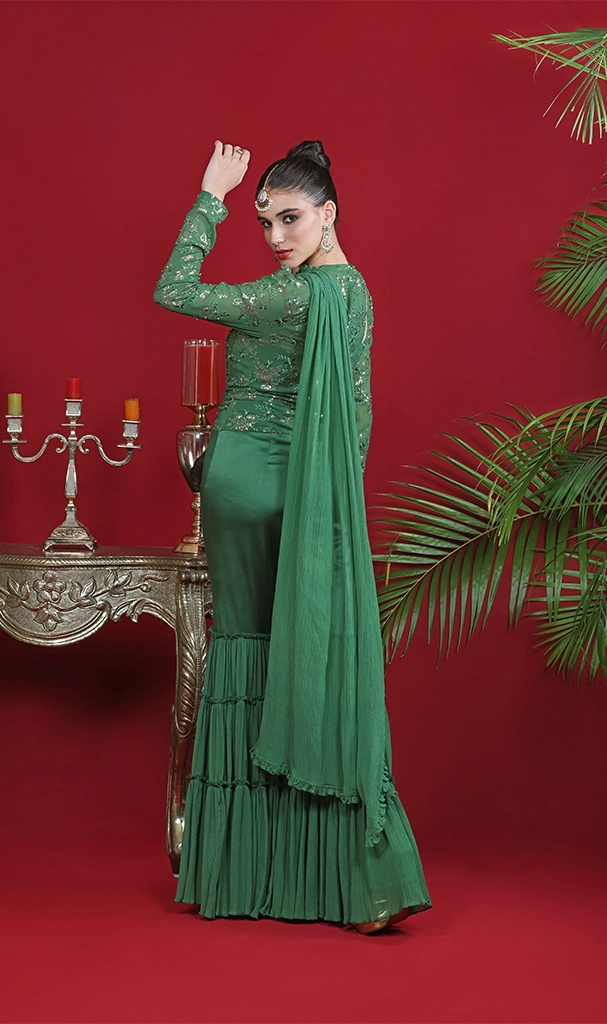 Olive Green Embroidery Jumpsuit Dupatta (LN0081)