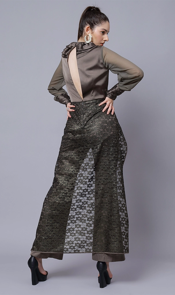 Dark Grey Long embroidery motif Jumpsuit ( LN0059 )