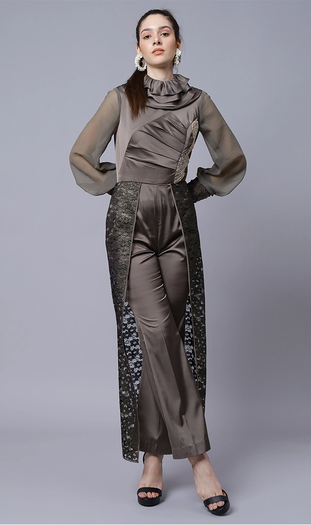 Dark Grey Long embroidery motif Jumpsuit ( LN0059 )