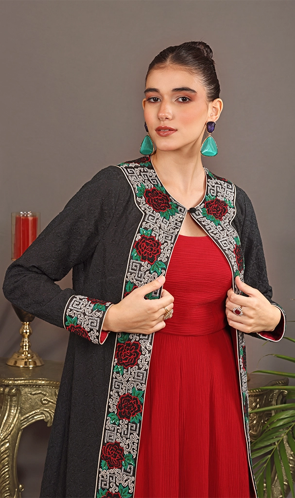 Black Long Cape in embroidery Georgette with Roses Red Jalabia (LN0078)