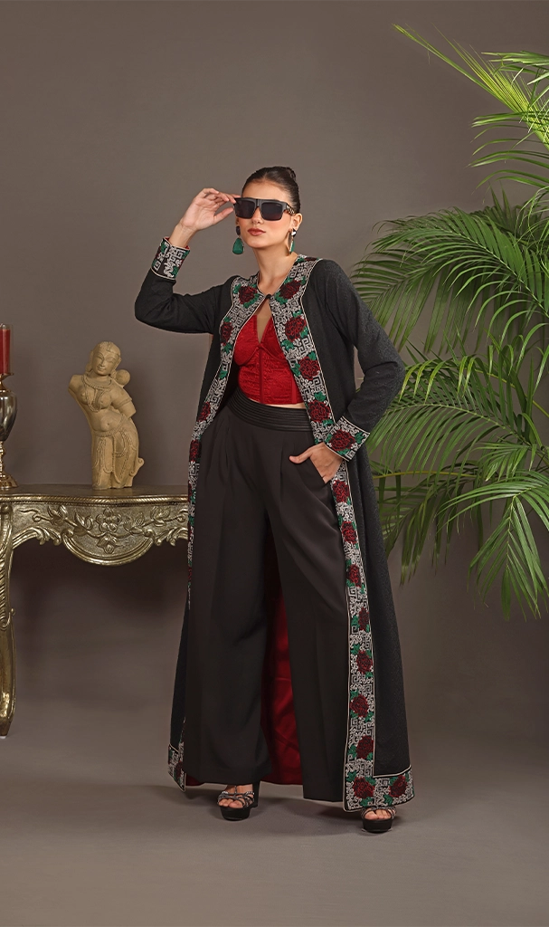 Black Long Cape in embroidery Georgette with Roses Red Bustier (LN0078)