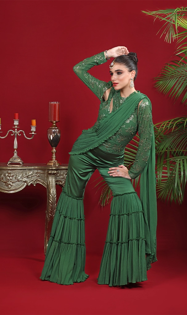 Olive Green Embroidery Jumpsuit Dupatta (LN0081)