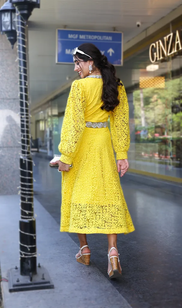 Lemon Yellow schiffli Lace Dress (LN00105)